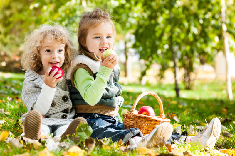 在草地上吃苹果的两个女孩