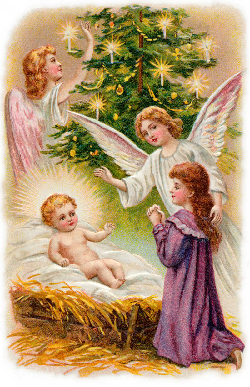 一个美丽的少女在天使带领下膜拜天使婴儿插图