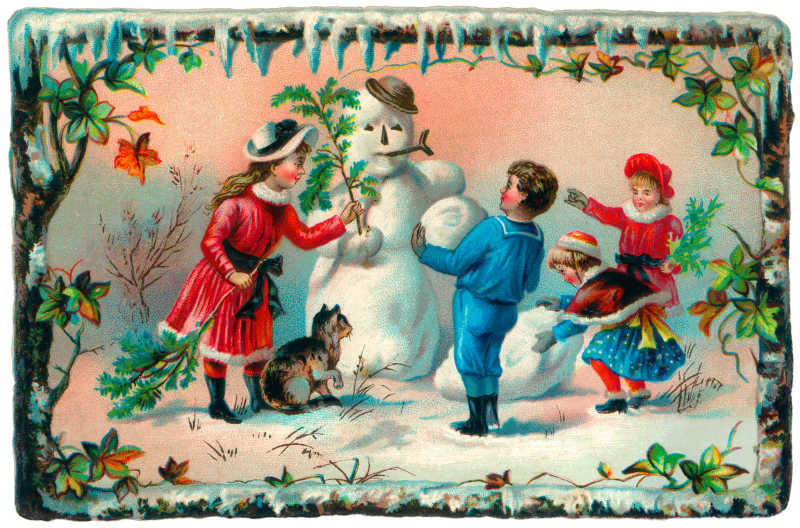 孩子们在冬天的户外堆雪人插画