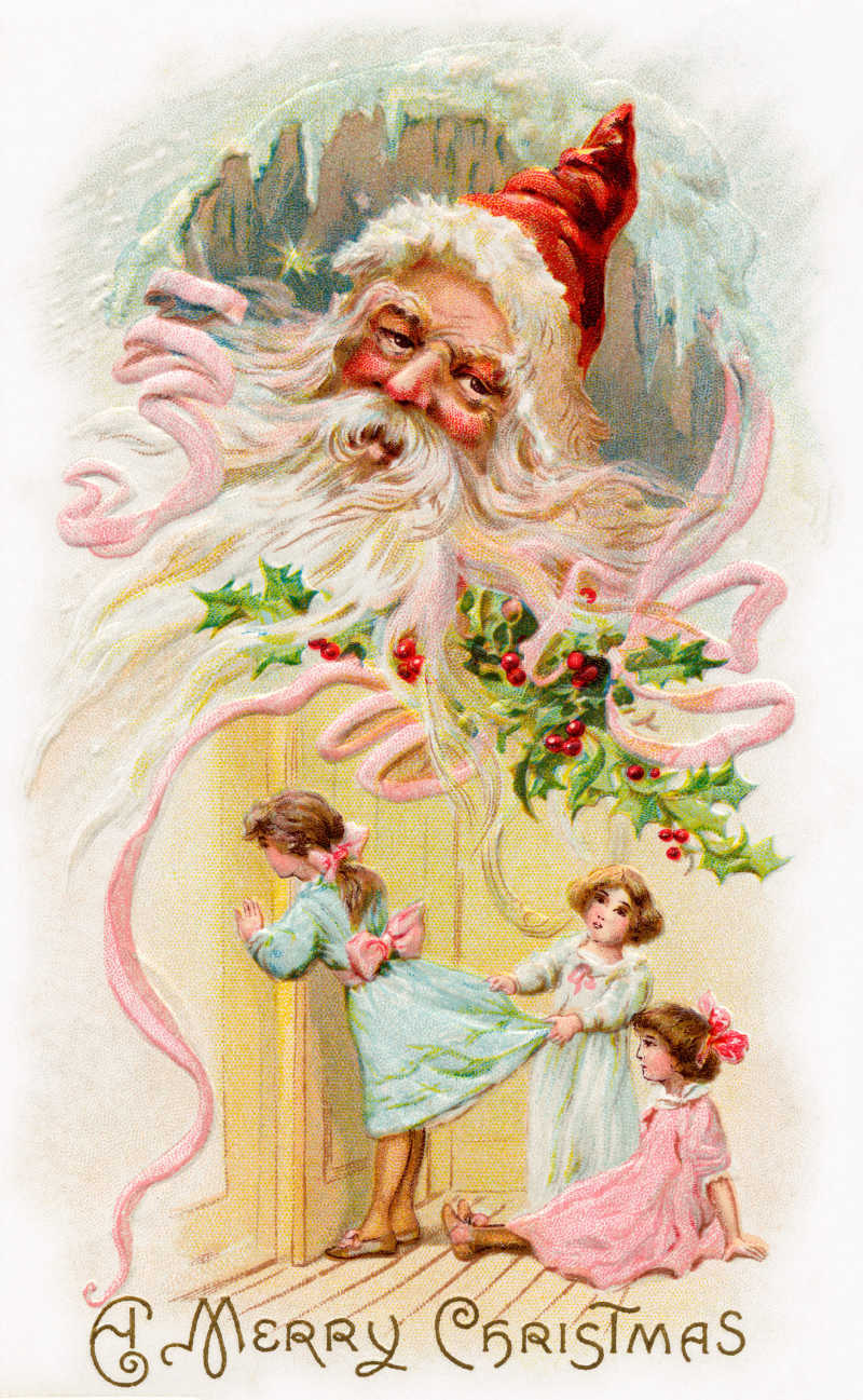 等待圣诞节的老式贺卡和圣诞老人插图