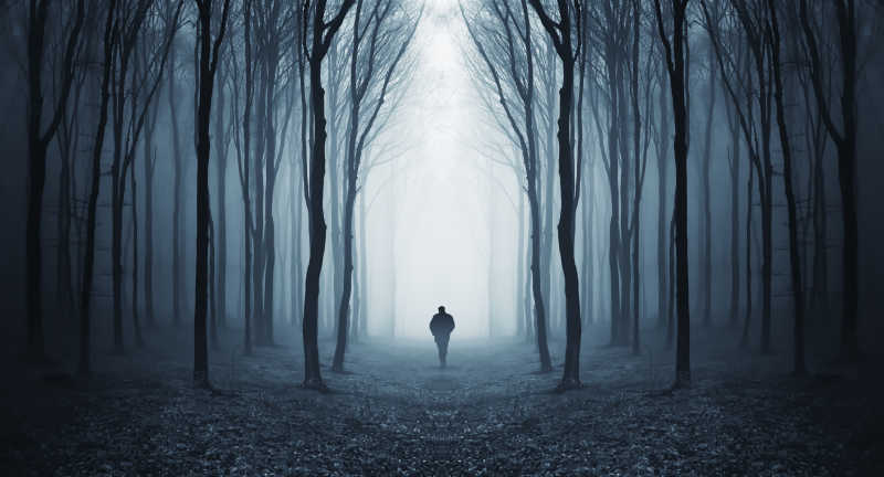 一个孤单的人走在森林的小路上