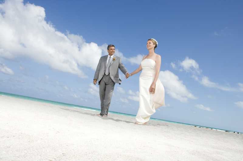 漫步在沙滩上的中年夫妻