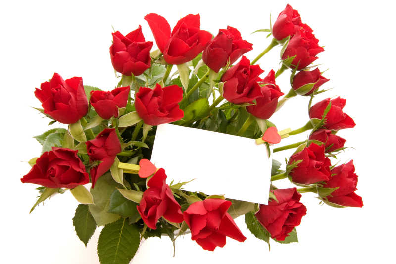 放有空白贺卡的一束红色玫瑰花