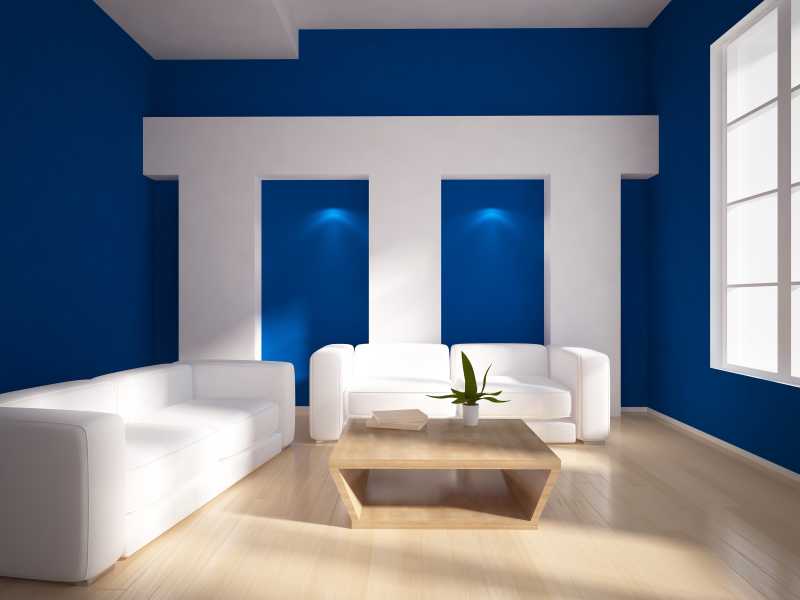 蓝色的内部与白色沙发茶几