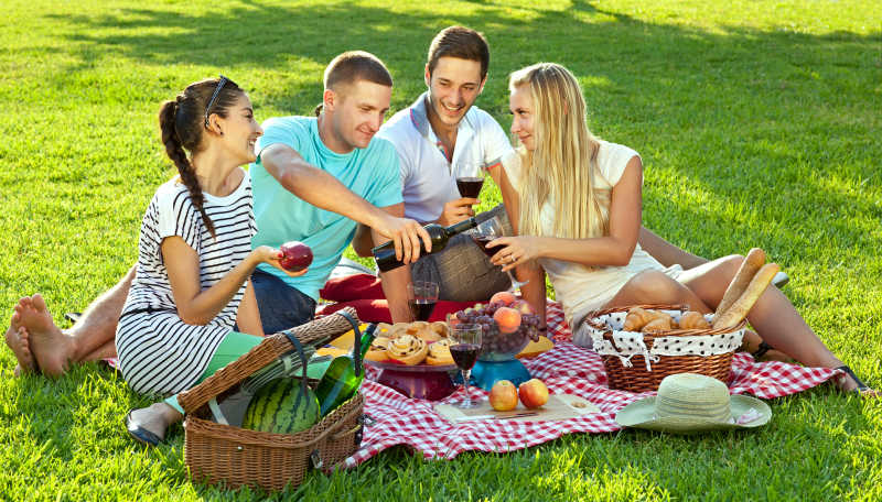 四个年轻朋友在户外野餐