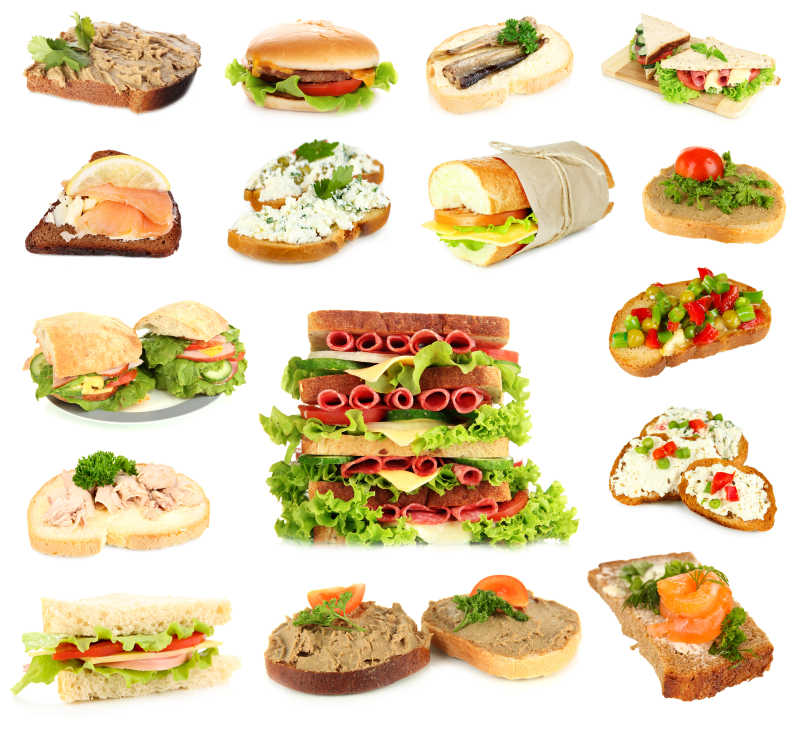 白色背景上的多种三明治