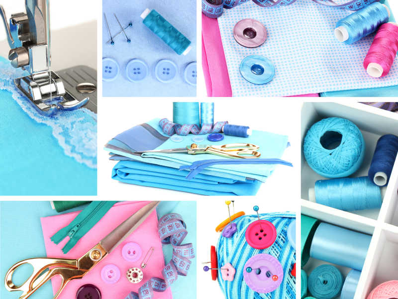 白色背景上粉色和蓝色的缝纫工具拼图