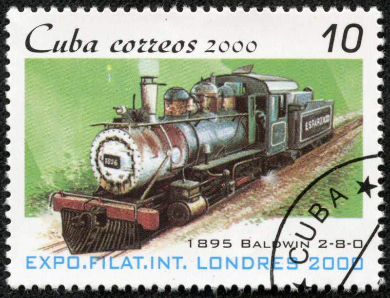 古巴印着蒸汽机车的邮票
