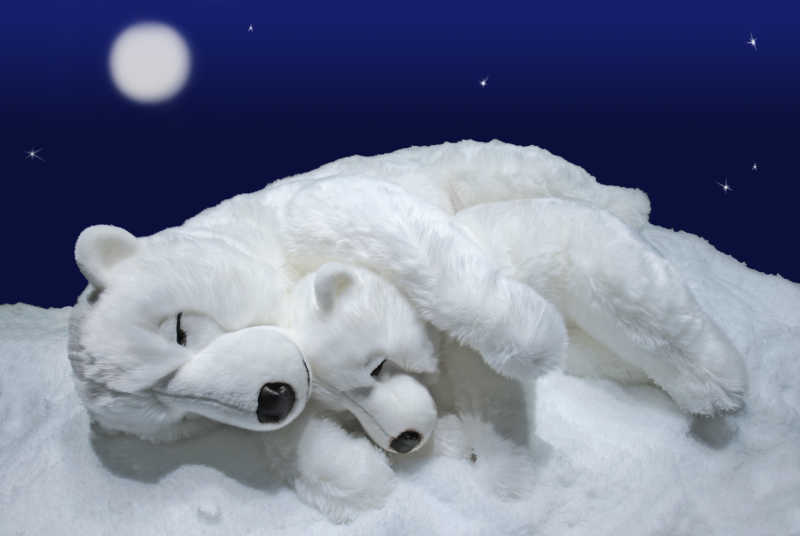 在雪上睡觉的两个白色北极熊毛绒玩具