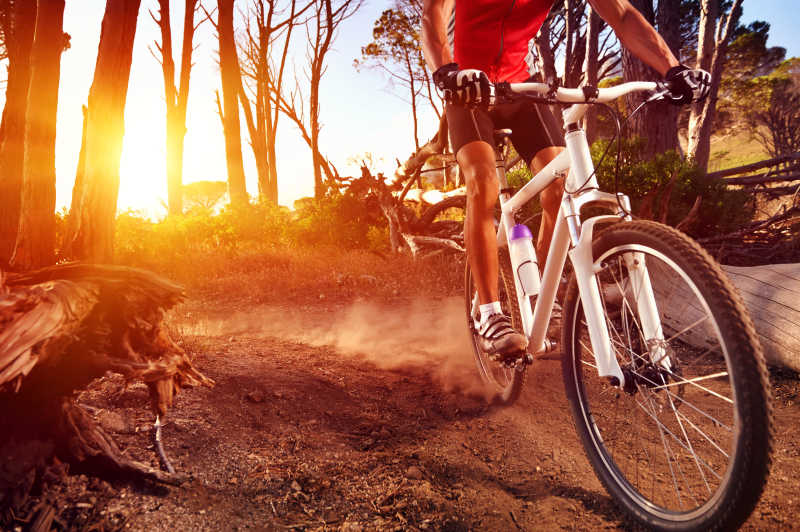 自行车运动员在日出时骑单车
