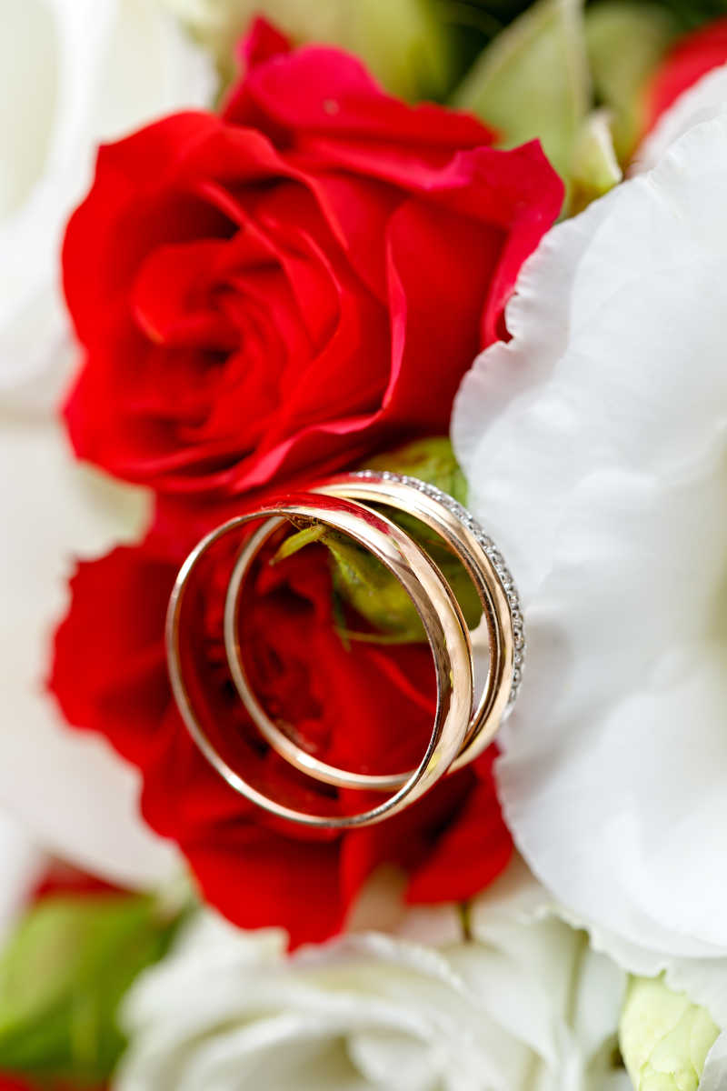 一对新婚戒指放在娇艳欲滴的玫瑰花上