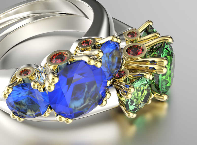 蓝色和绿色的钻石戒指