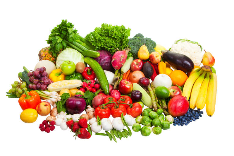白色背景前的水果和蔬菜