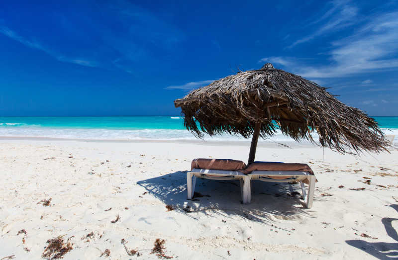美丽加勒比海滩上的热带茅草伞