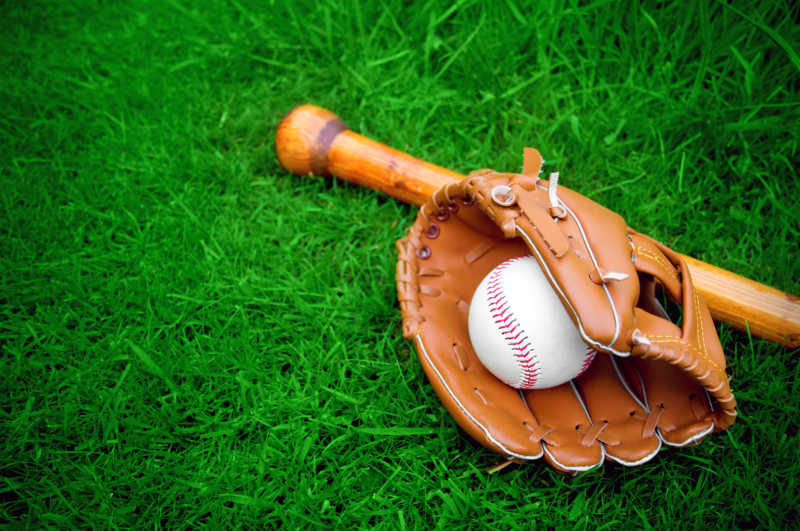 草地上的棒球球棒与皮质手套