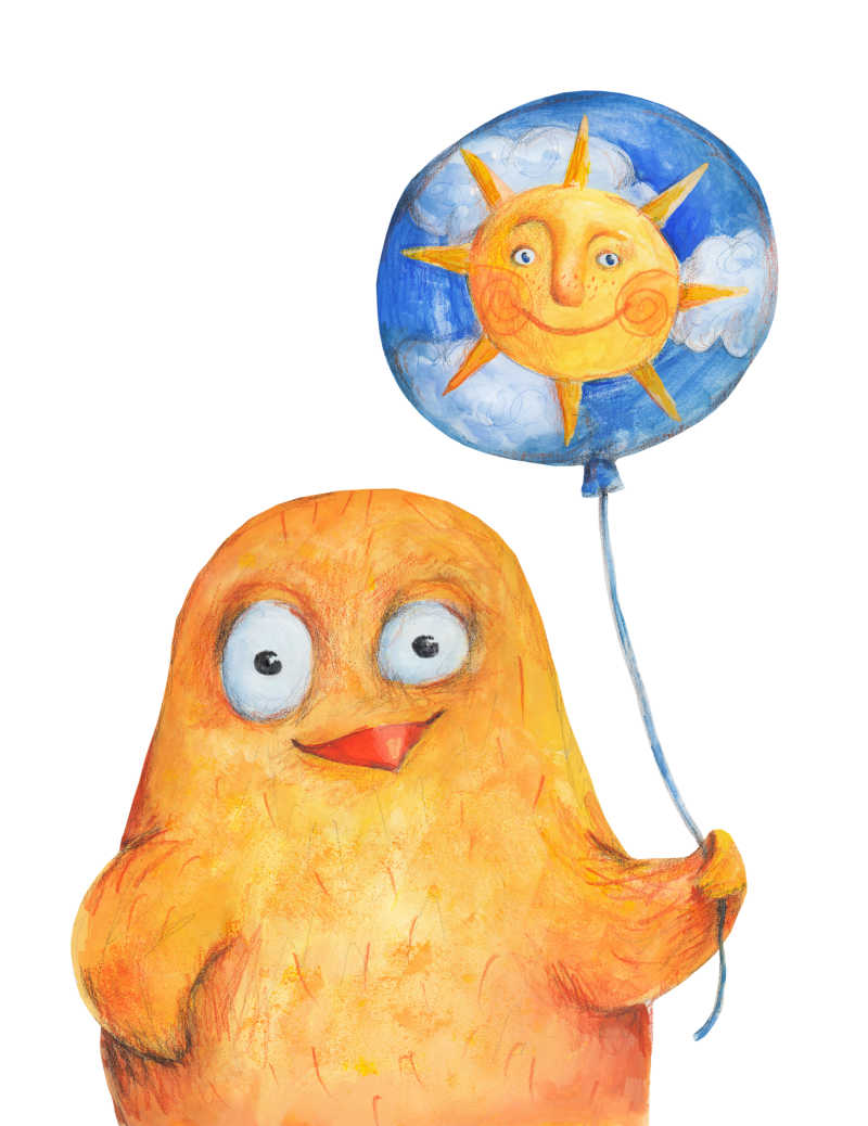 小鸡拿着太阳热气球插画