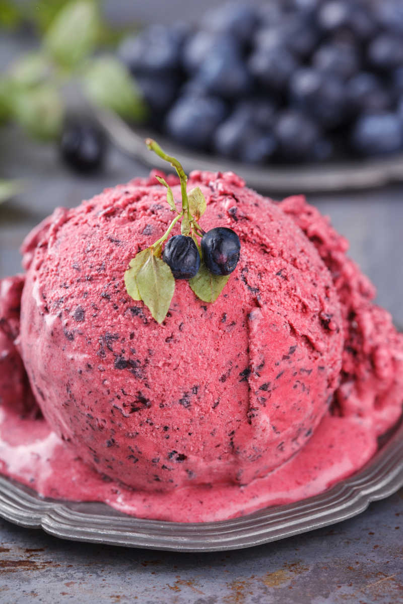 金属器皿中的蓝莓冰淇淋