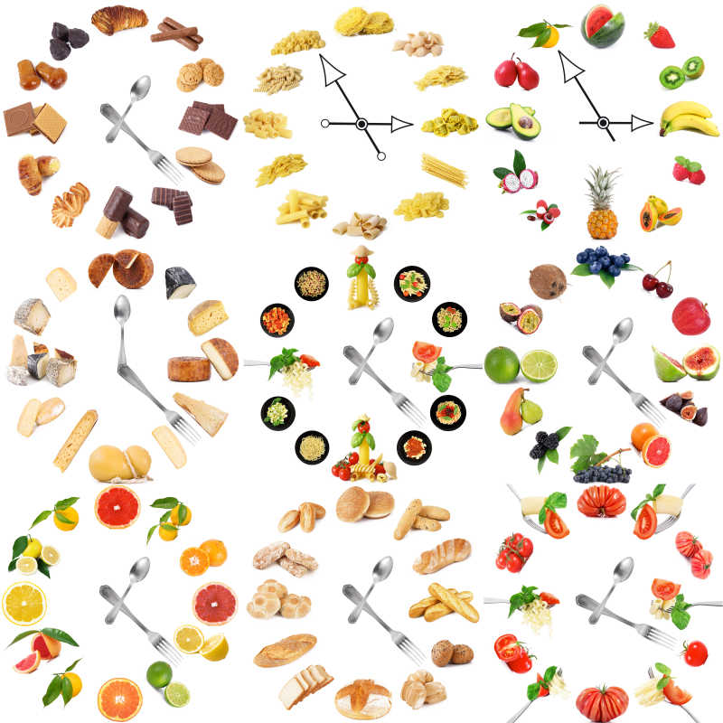 各种美食和餐具做成的时钟图集