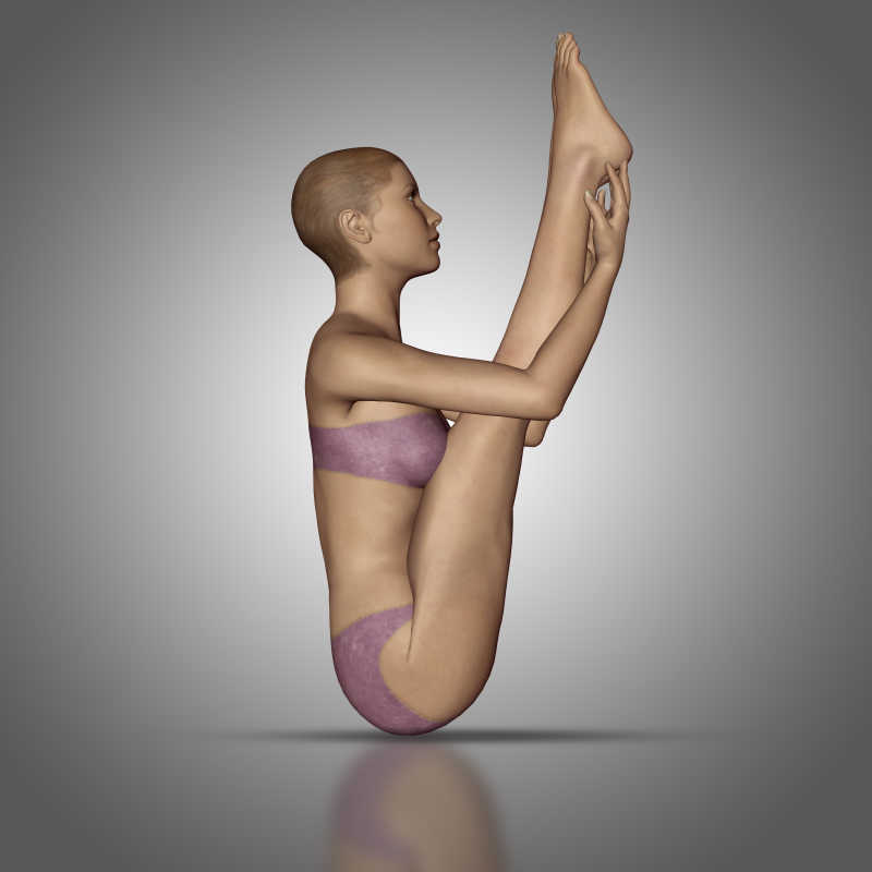 灰色背景前三维立体模拟与女瑜伽姿势