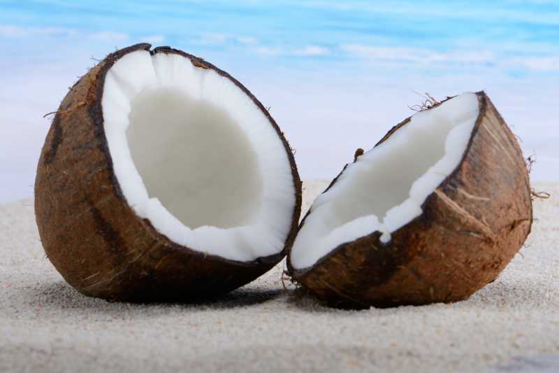 海滩上新鲜的椰子特写
