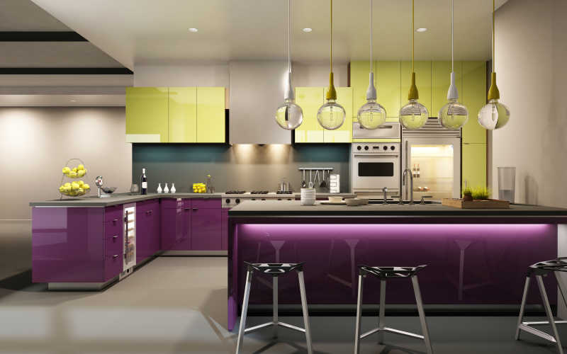 紫色黄色配色的现代化厨房
