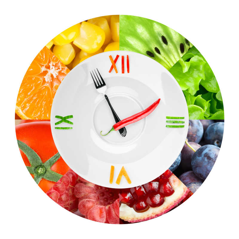 白色背景上的健康果蔬组成的概念钟