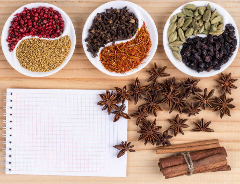木制桌上白盘里的香料