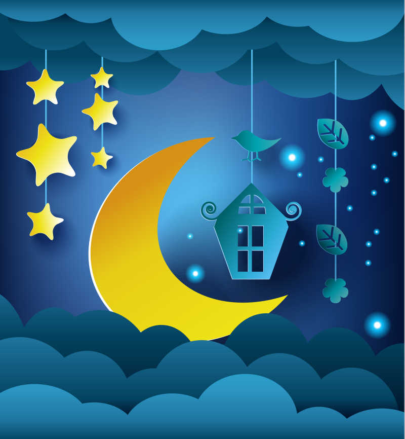 剪纸月亮和家的晚安卡插画