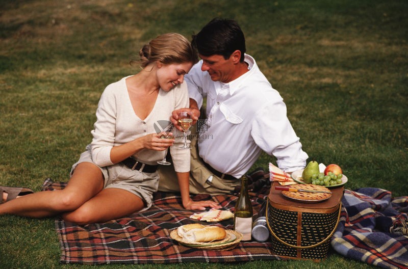 在草地上野餐的浪漫的情侣