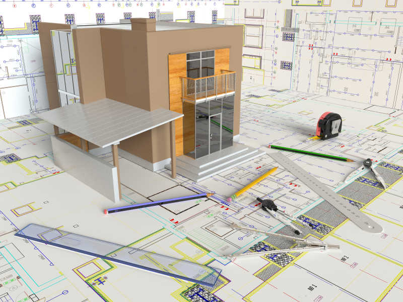 房屋建筑图纸蓝图和模型