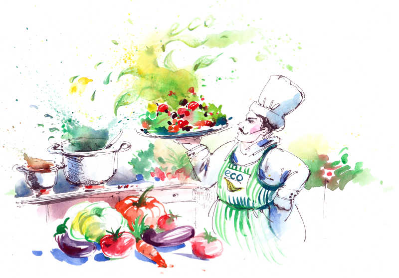 用蔬菜烹调美味健康食品插画
