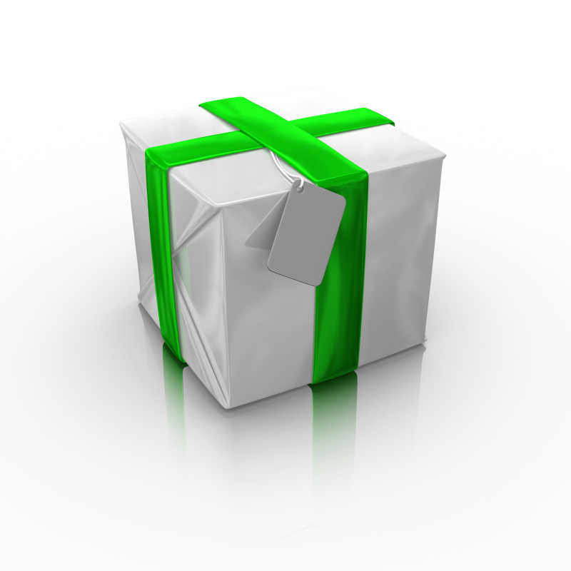 白色包装绿色丝带的礼品盒