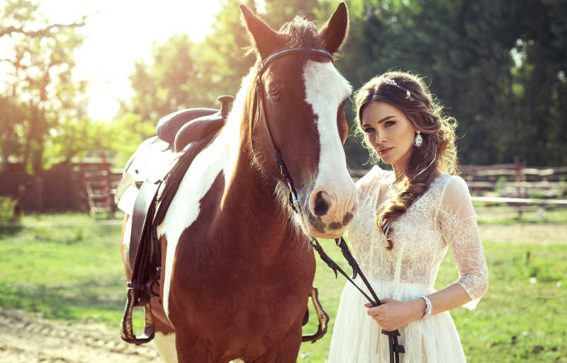 草地上的美女与马