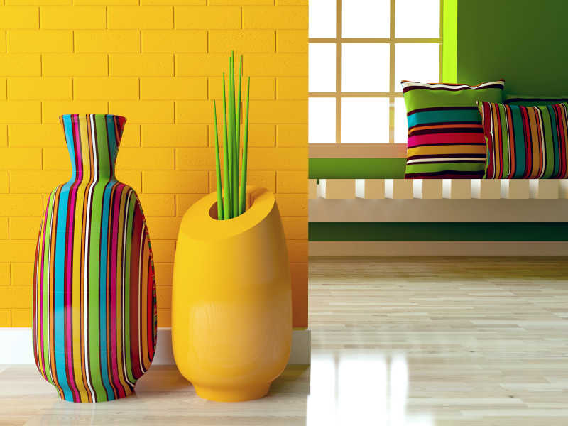 彩色与黄色的瓶子和植物装饰