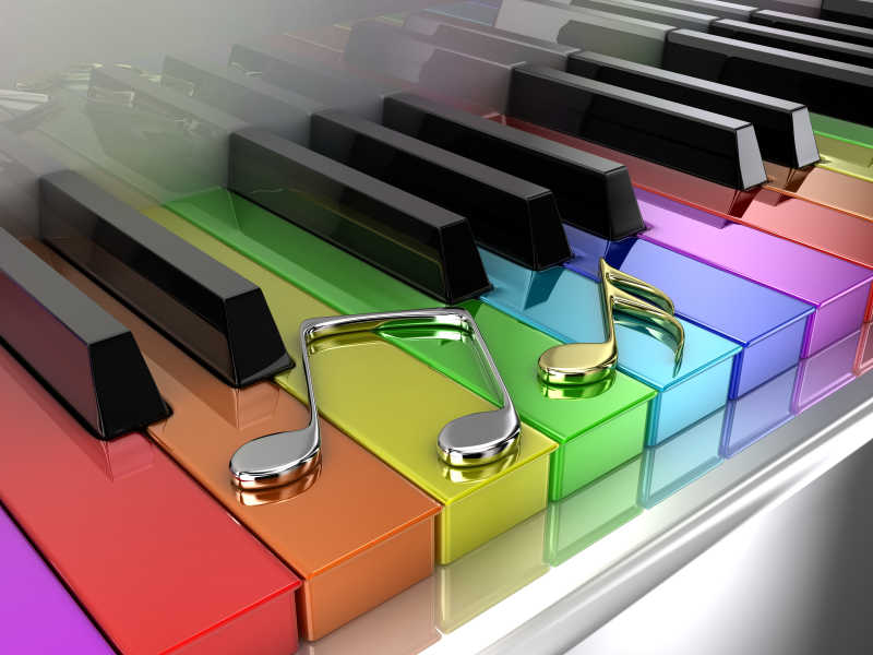 不同颜色彩虹键的白色钢琴