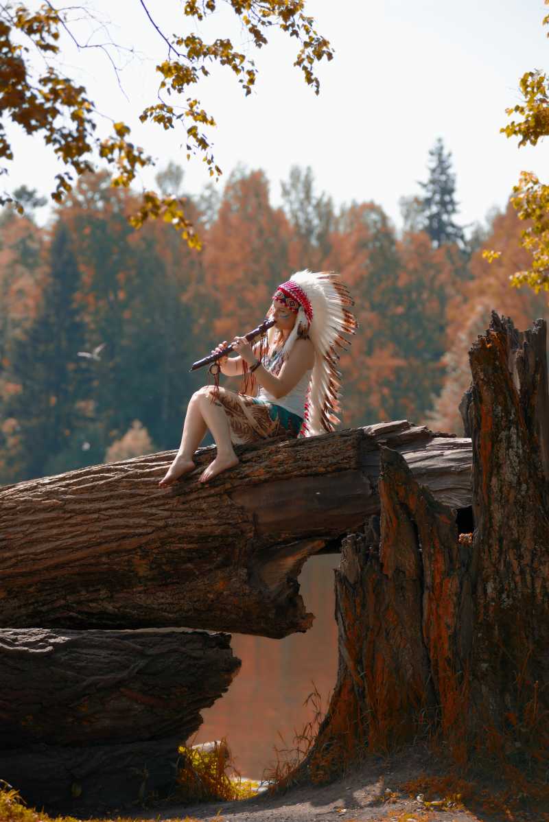 在一棵树上演奏长笛的印第安女孩