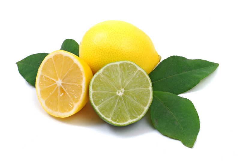 白色背景上新鲜的切开的带绿叶柠檬