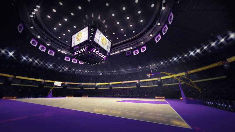 紫色的空旷室内篮球场