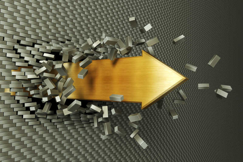 从砖墙里射出的黄色3D箭头