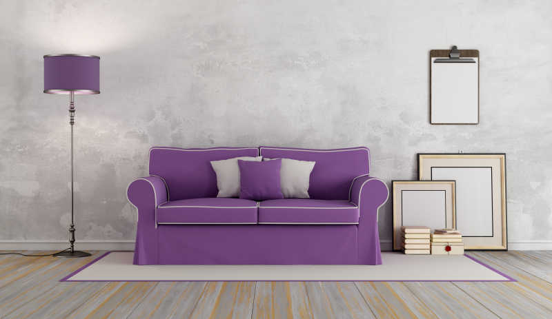室内世纪中的紫色沙发和台灯