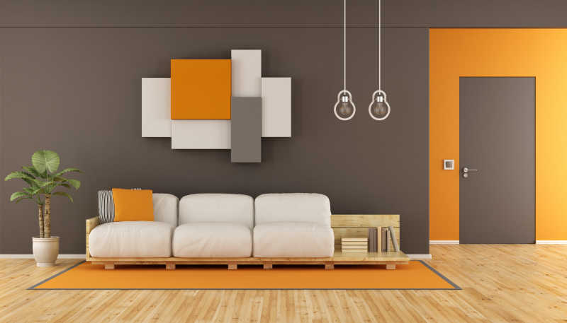 棕色和橙色现代客厅室内设计