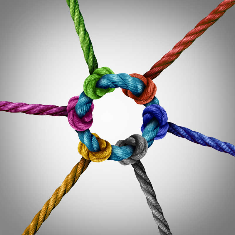 彩色的相互连接打结的绳子
