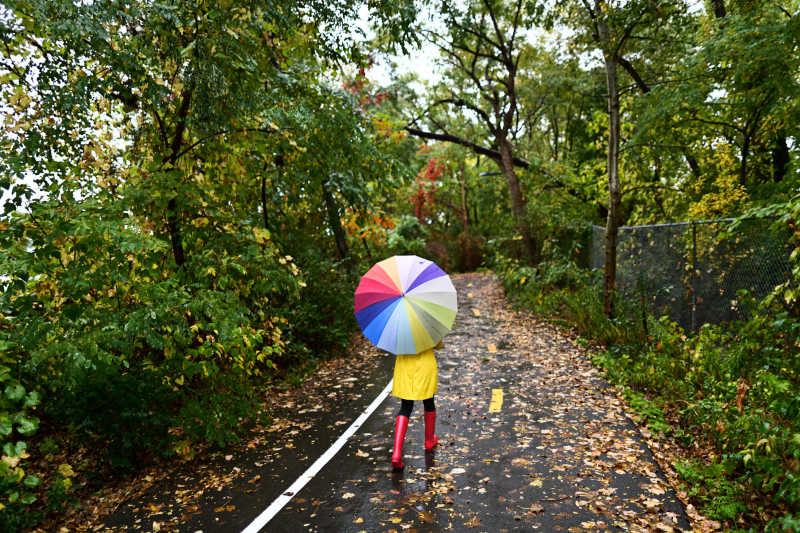 秋天森林中撑伞的女人