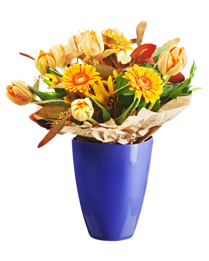 蓝色花瓶里的郁金香花束