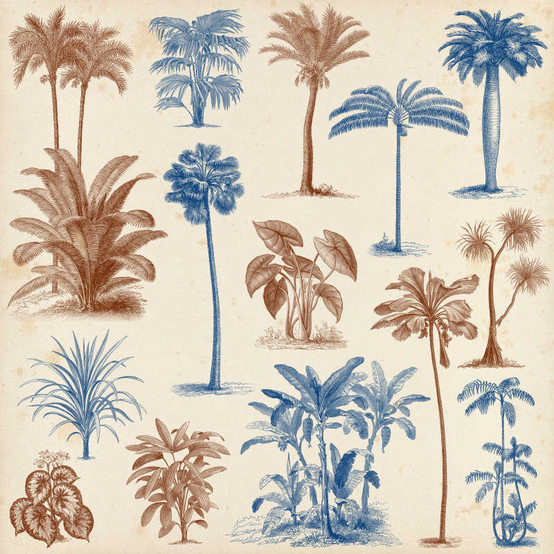 大套老式手绘棕榈树和灌木丛