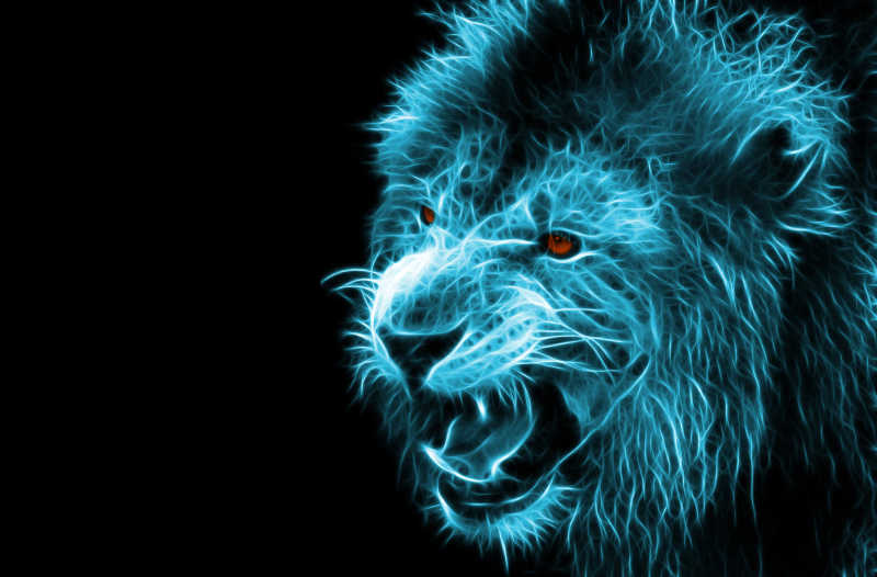 黑色背景下蓝色虚拟狮子