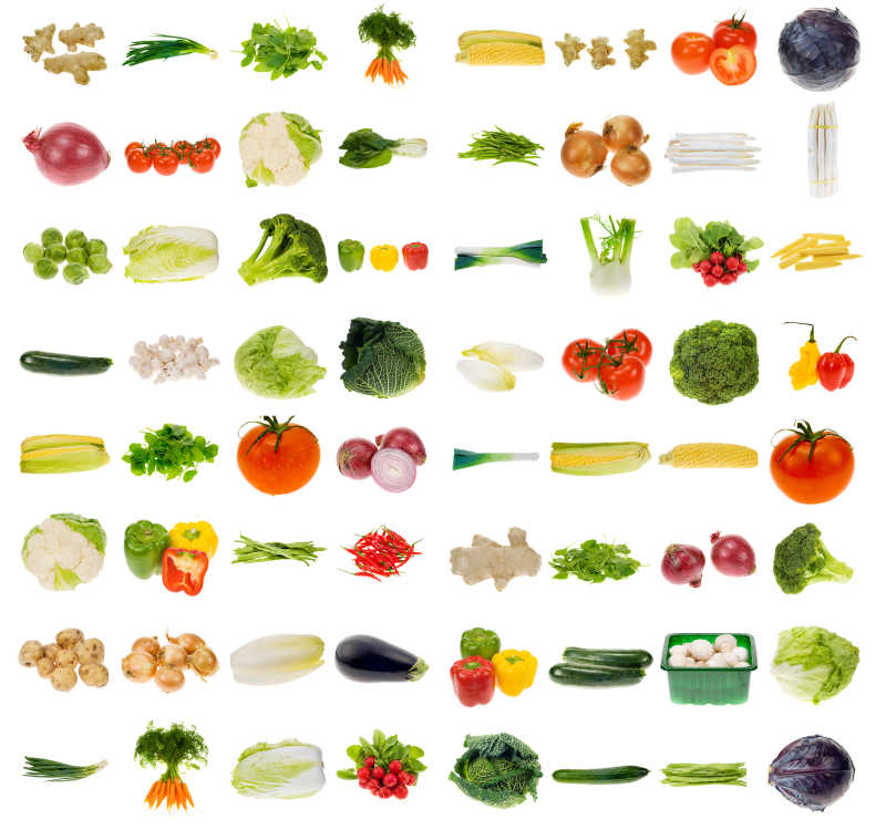 白色背景下的新鲜蔬菜收集