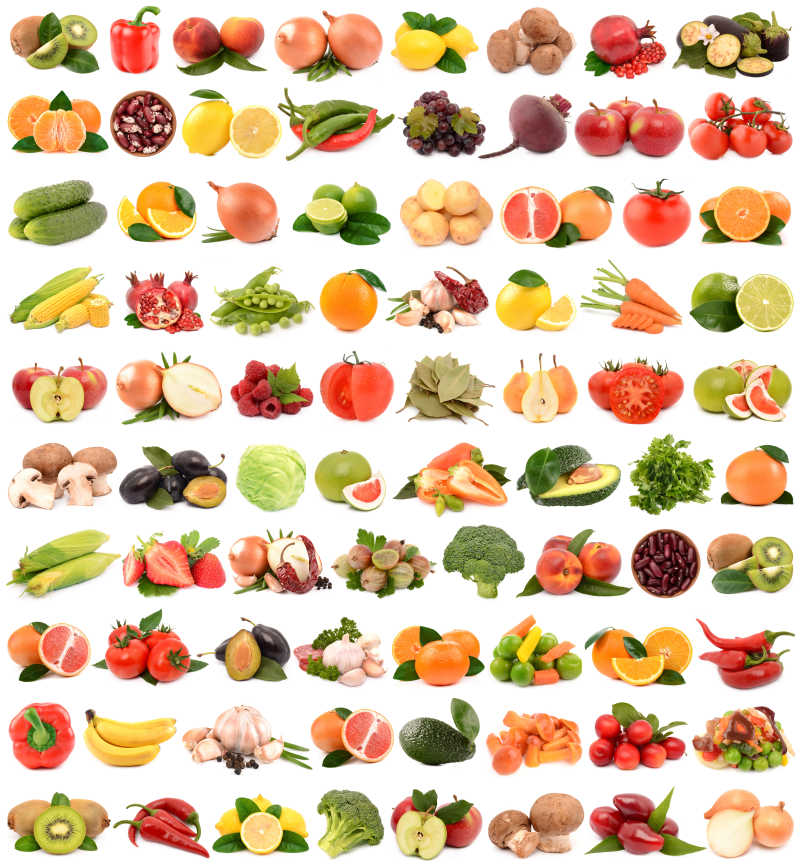 白色背景下各种水果和蔬菜