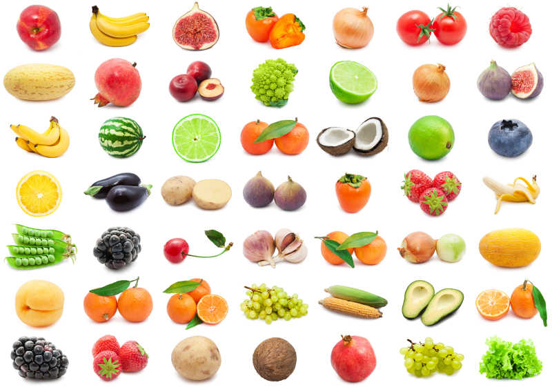 白色背景下的各种水果蔬菜的收集