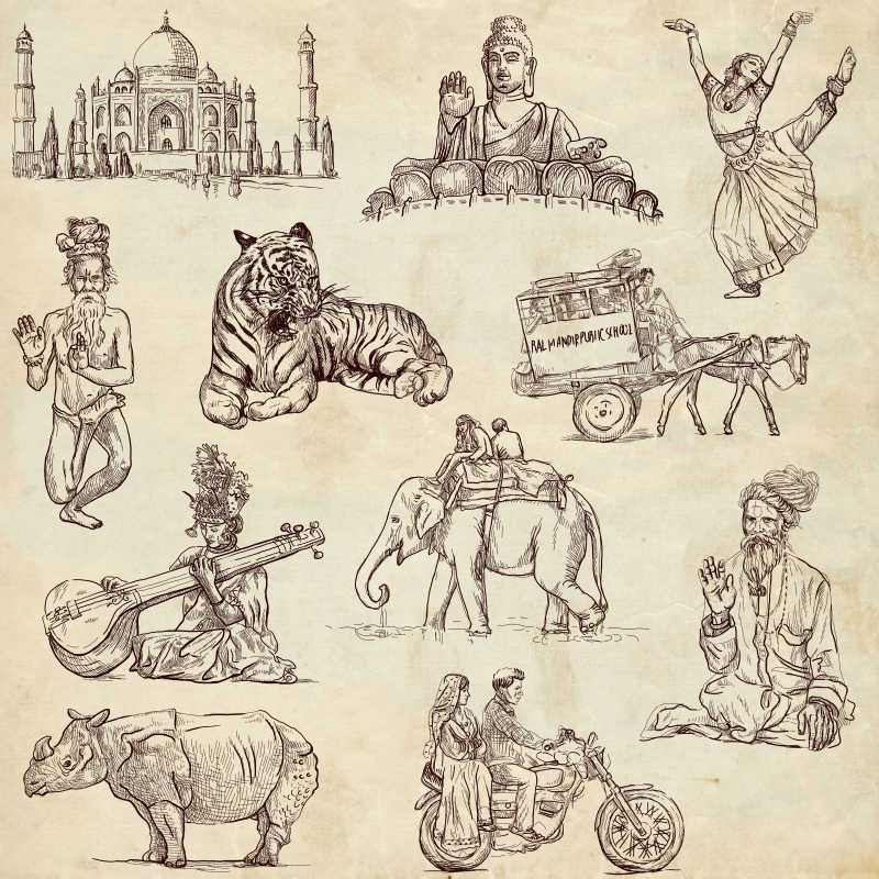 不同的印度人物和动物的手绘图